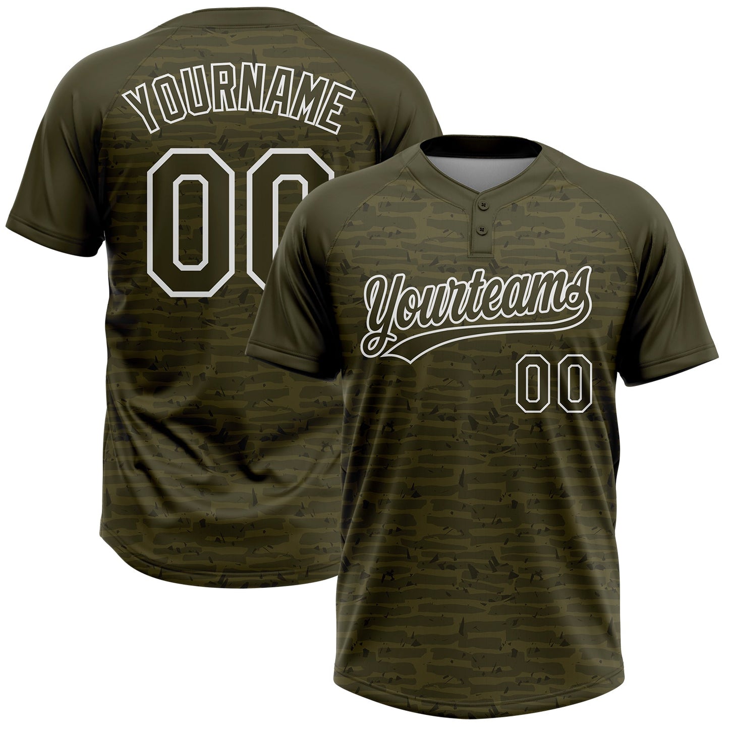 Custom Olive-White Raglan Sleeves Distressed Fragment Brush Stroke Two-Button Unisex Softball Jersey