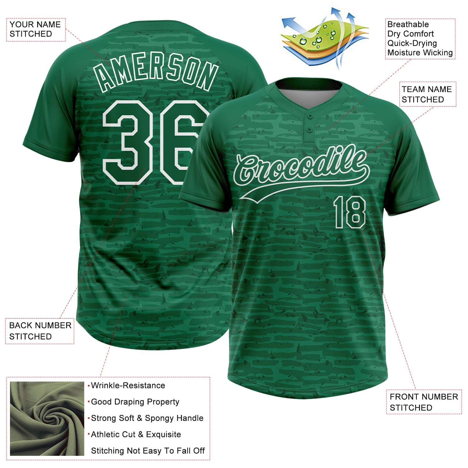 Custom Kelly Green-White Raglan Sleeves Distressed Fragment Brush Stroke Two-Button Unisex Softball Jersey