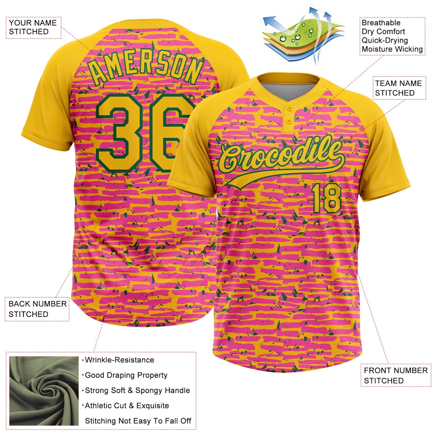 Custom Pink Yellow-Kelly Green Raglan Sleeves Distressed Fragment Brush Stroke Two-Button Unisex Softball Jersey