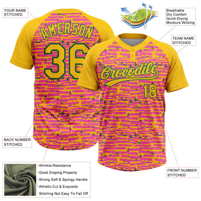 Custom Pink Yellow-Kelly Green Raglan Sleeves Distressed Fragment Brush Stroke Two-Button Unisex Softball Jersey