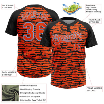 Custom Orange Black-Light Blue Raglan Sleeves Distressed Fragment Brush Stroke Two-Button Unisex Softball Jersey