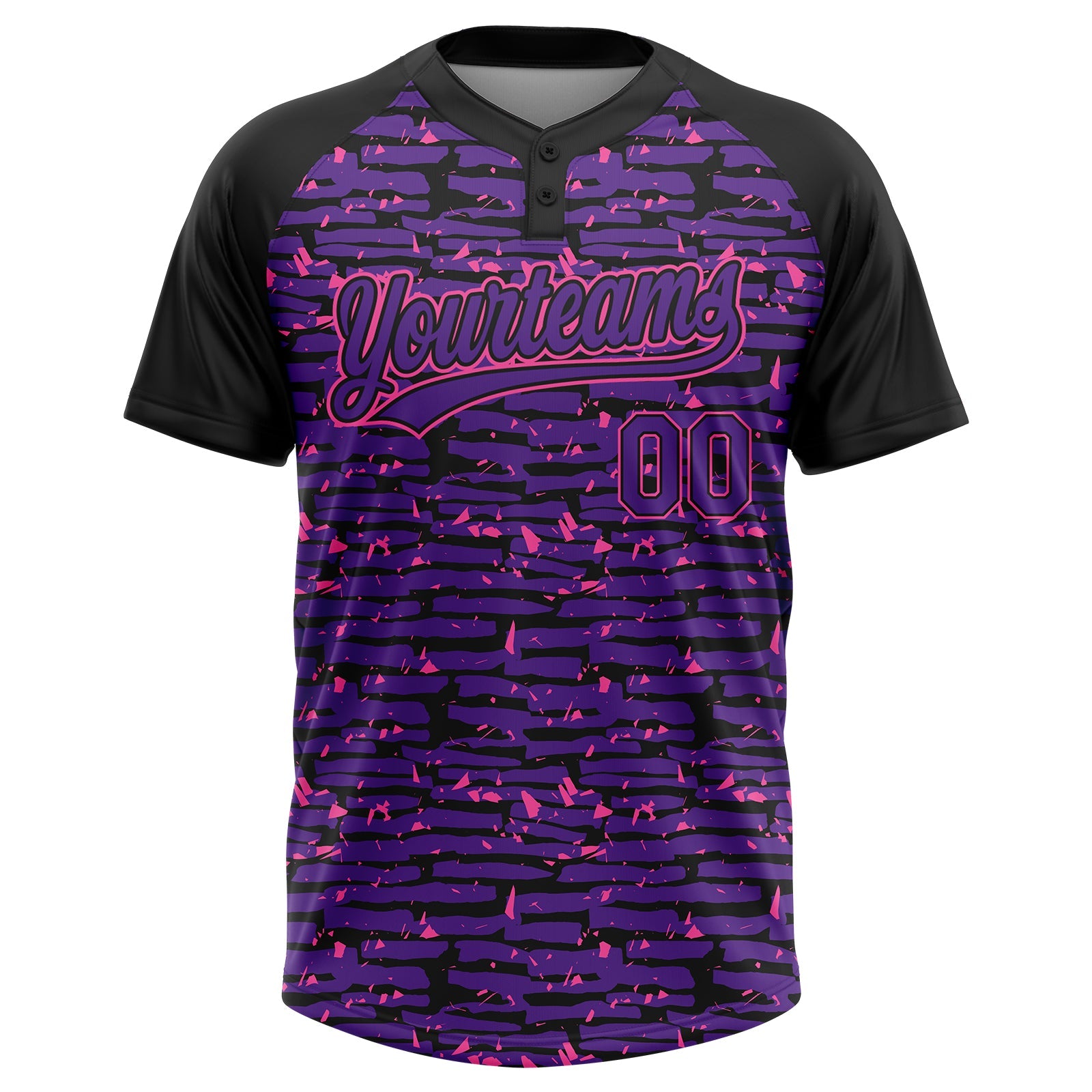 Custom Purple Black-Pink Raglan Sleeves Distressed Fragment Brush Stroke Two-Button Unisex Softball Jersey