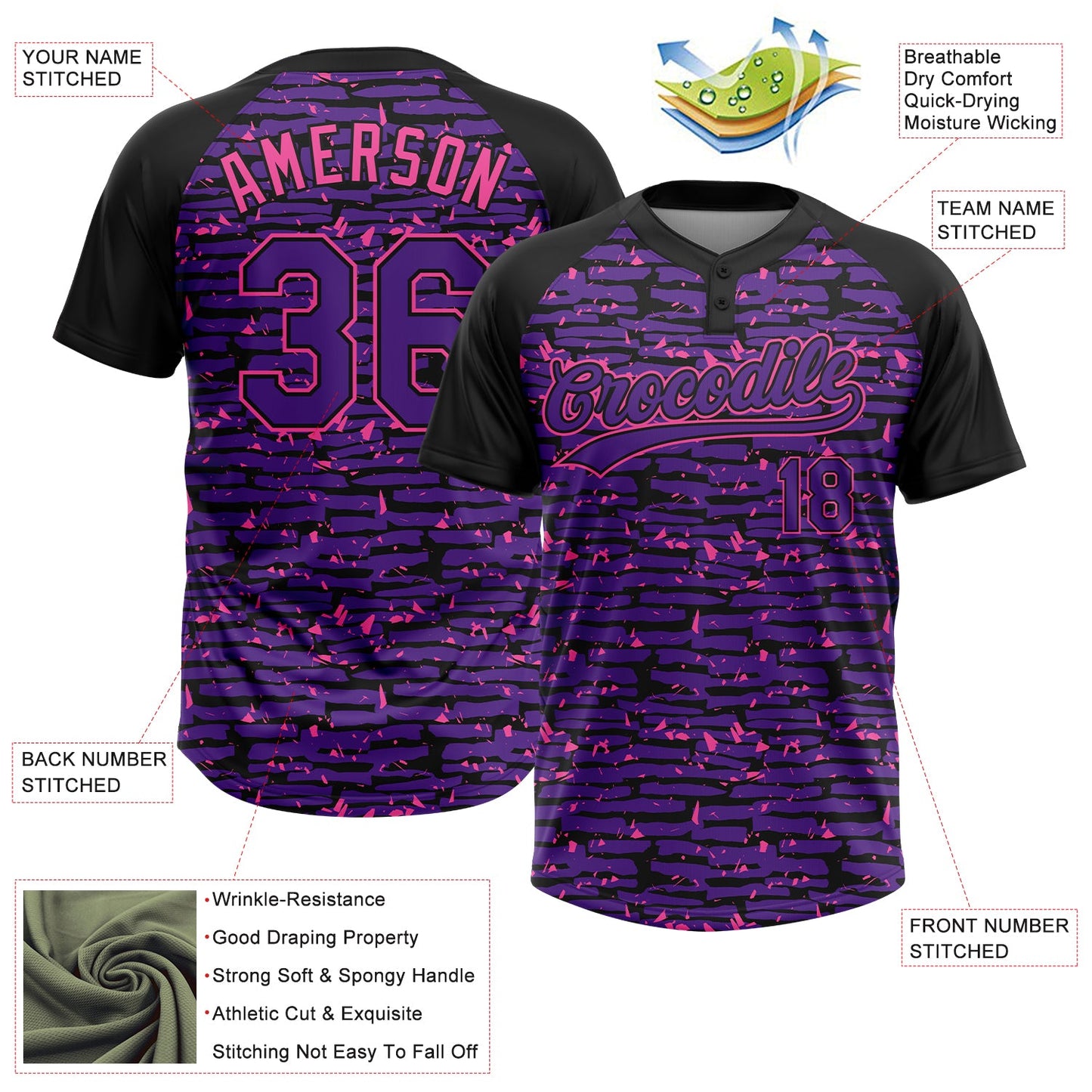 Custom Purple Black-Pink Raglan Sleeves Distressed Fragment Brush Stroke Two-Button Unisex Softball Jersey