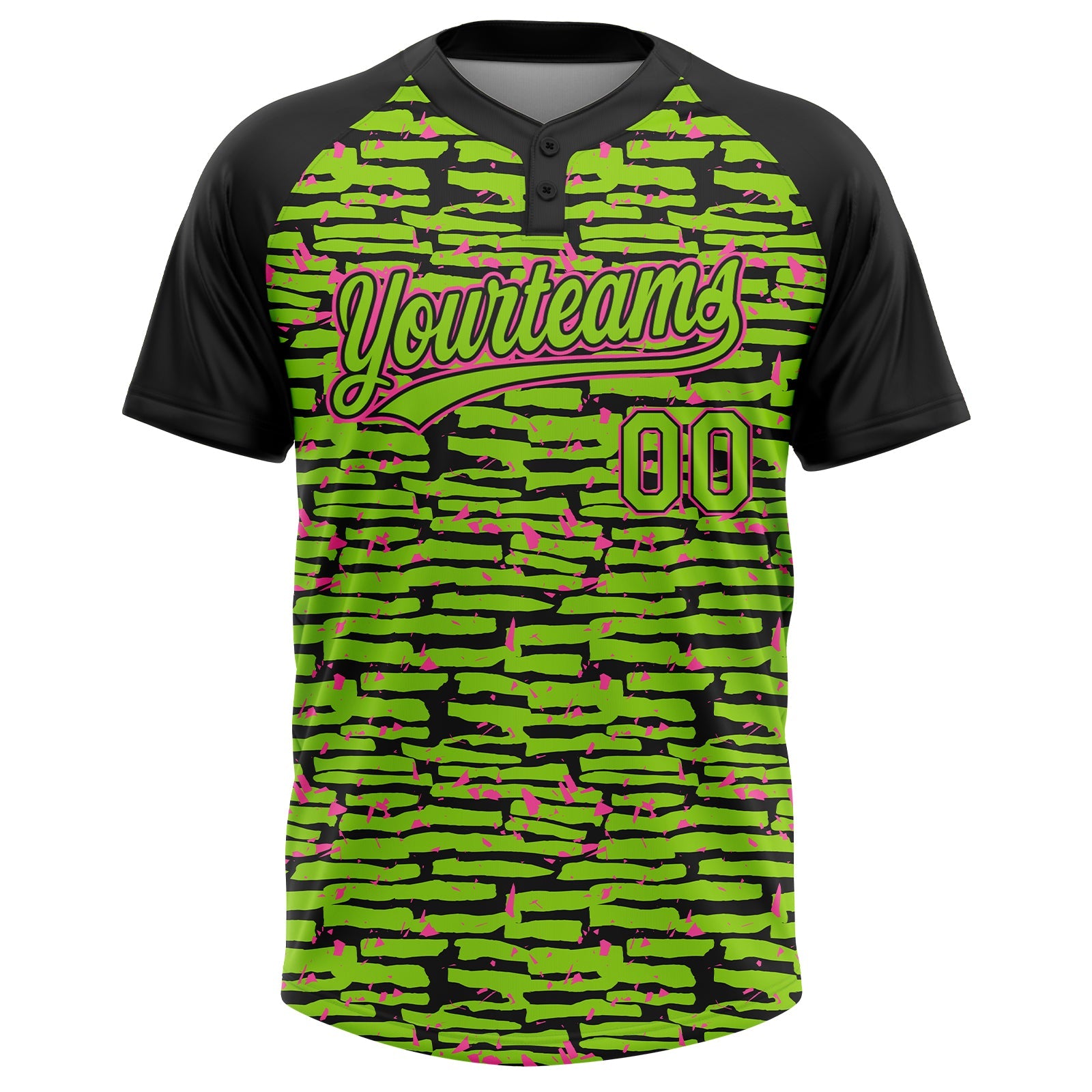 Custom Neon Green Black-Pink Raglan Sleeves Distressed Fragment Brush Stroke Two-Button Unisex Softball Jersey
