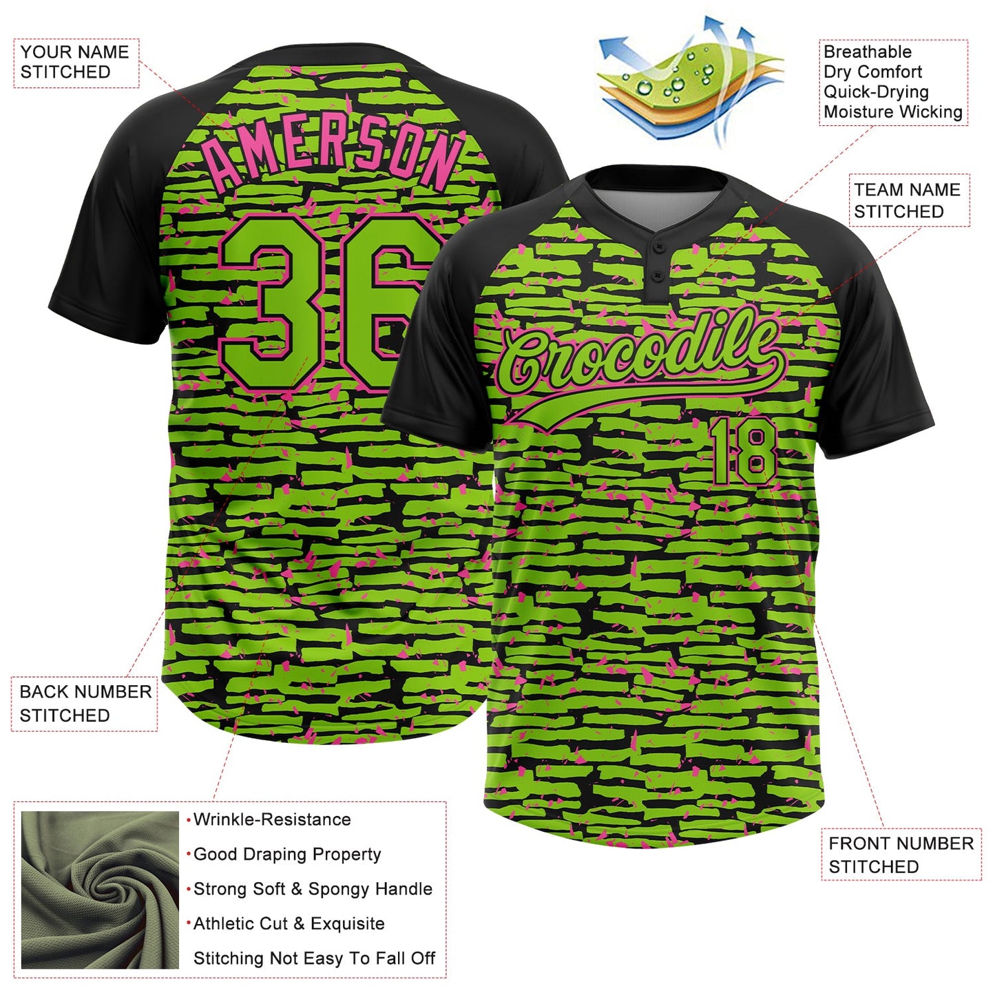 Custom Neon Green Black-Pink Raglan Sleeves Distressed Fragment Brush Stroke Two-Button Unisex Softball Jersey