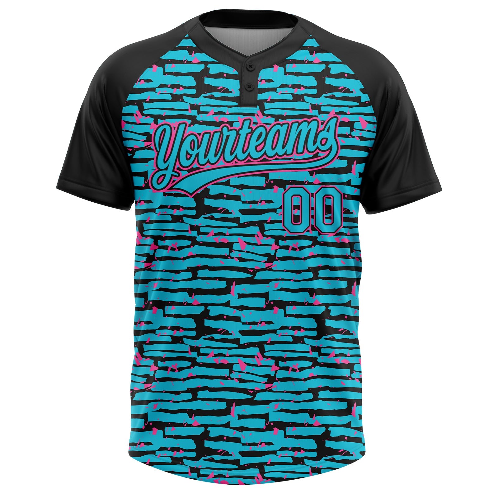 Custom Lakes Blue Black-Pink Raglan Sleeves Distressed Fragment Brush Stroke Two-Button Unisex Softball Jersey