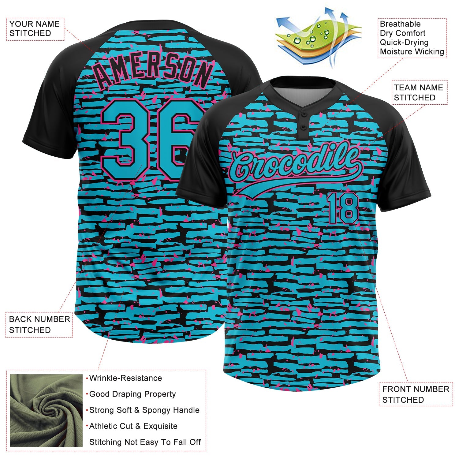 Custom Lakes Blue Black-Pink Raglan Sleeves Distressed Fragment Brush Stroke Two-Button Unisex Softball Jersey