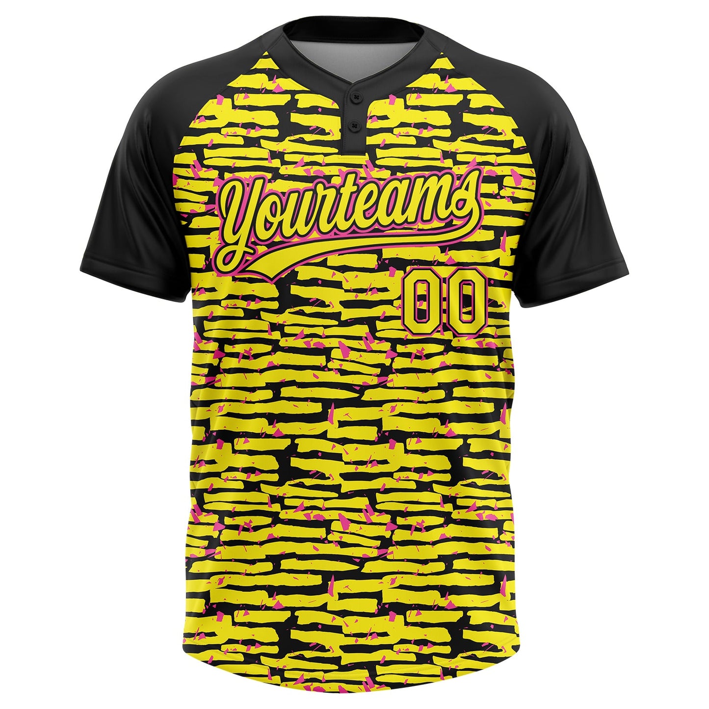 Custom Light Yellow Black-Pink Raglan Sleeves Distressed Fragment Brush Stroke Two-Button Unisex Softball Jersey