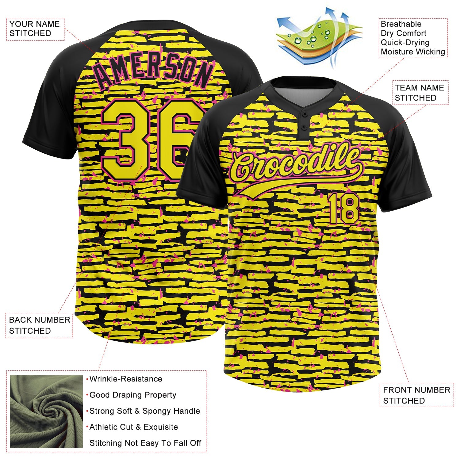 Custom Light Yellow Black-Pink Raglan Sleeves Distressed Fragment Brush Stroke Two-Button Unisex Softball Jersey