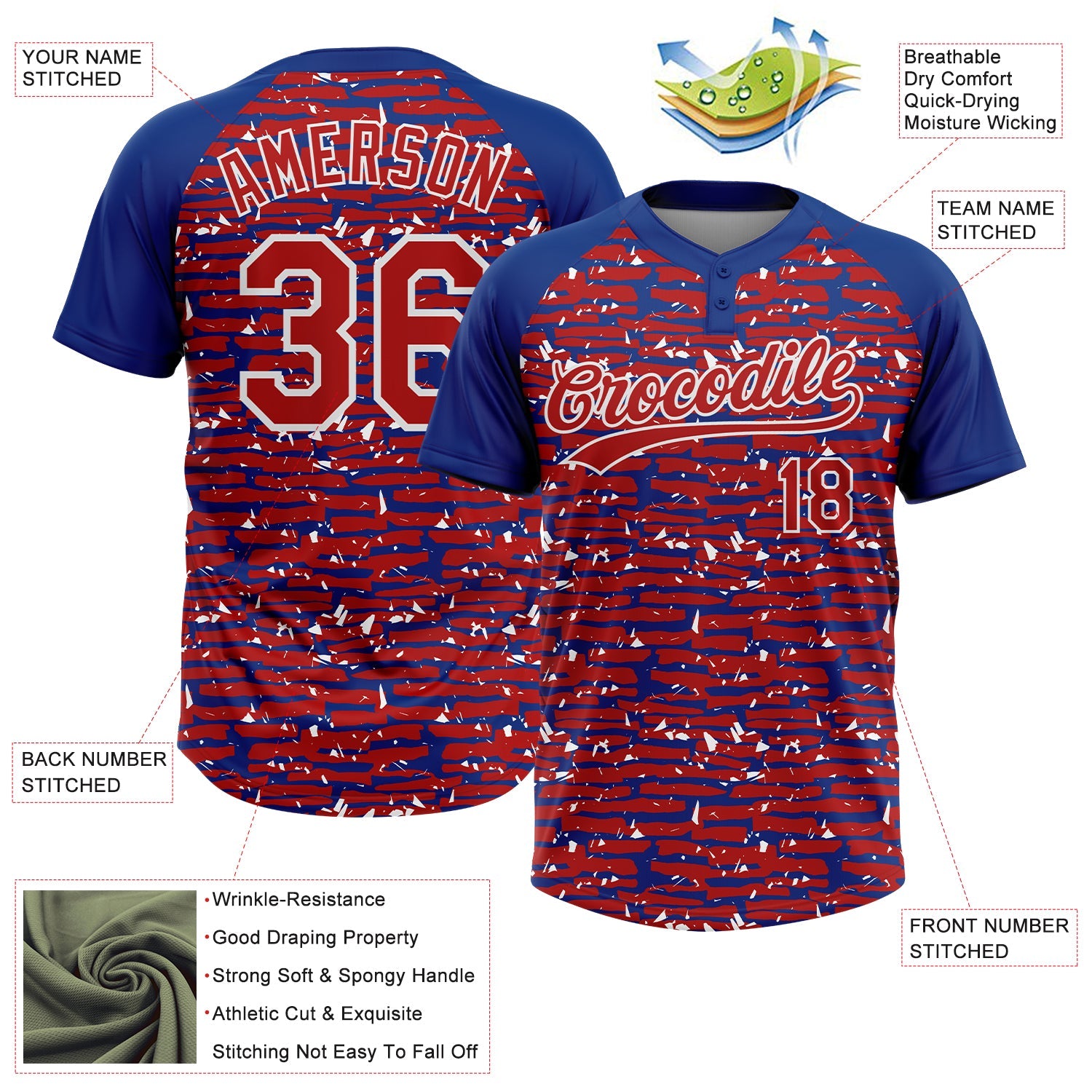 Custom Red Royal-White Raglan Sleeves Distressed Fragment Brush Stroke Two-Button Unisex Softball Jersey