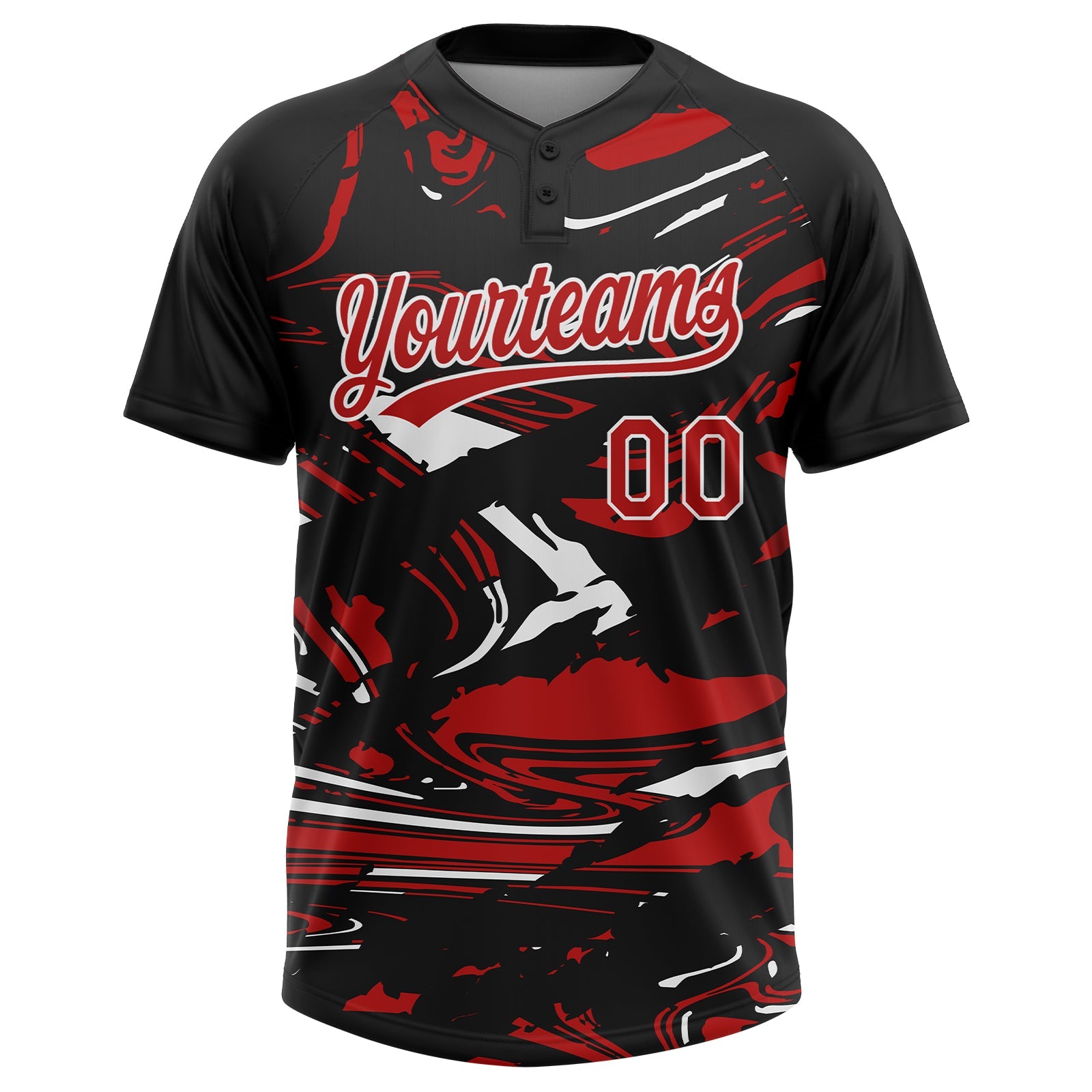 Custom Black Red-White Raglan Sleeves Abstract Fluid Marble Two-Button Unisex Softball Jersey