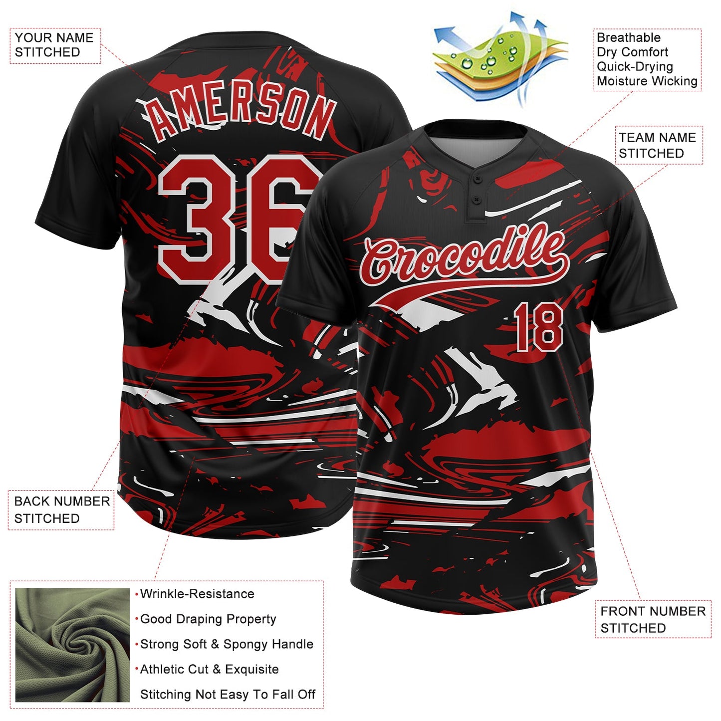 Custom Black Red-White Raglan Sleeves Abstract Fluid Marble Two-Button Unisex Softball Jersey