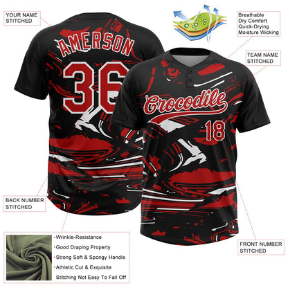 Custom Black Red-White Raglan Sleeves Abstract Fluid Marble Two-Button Unisex Softball Jersey
