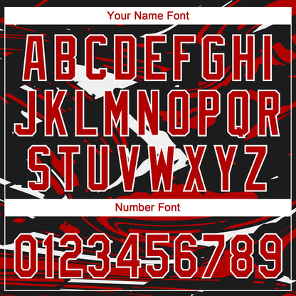Custom Black Red-White Raglan Sleeves Abstract Fluid Marble Two-Button Unisex Softball Jersey