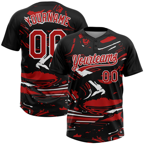 Custom Black Red-White Raglan Sleeves Abstract Fluid Marble Two-Button Unisex Softball Jersey