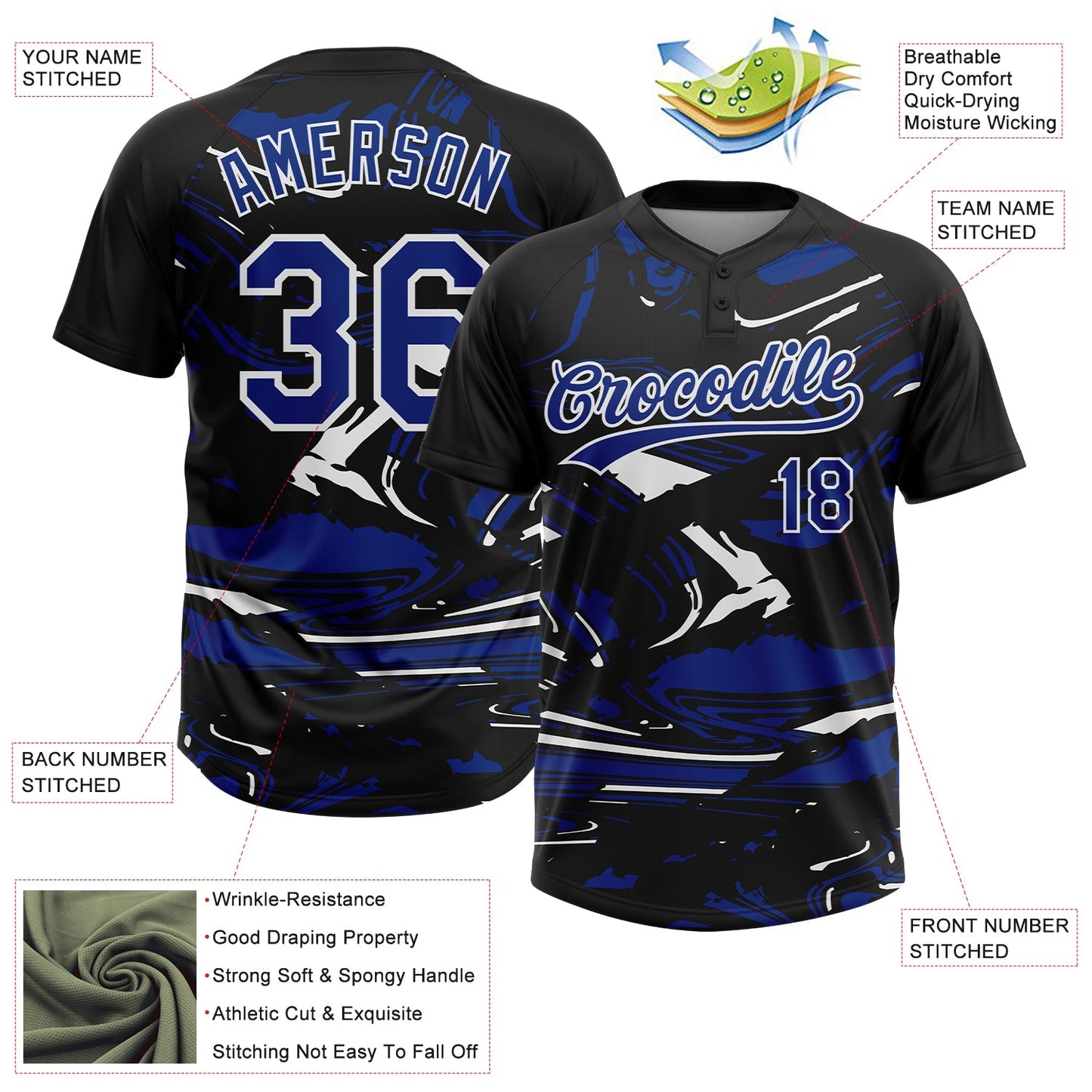 Custom Black Royal-White Raglan Sleeves Abstract Fluid Marble Two-Button Unisex Softball Jersey