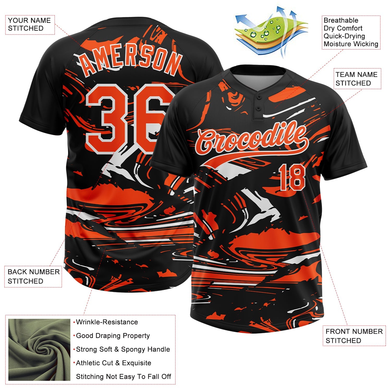 Custom Black Orange-White Raglan Sleeves Abstract Fluid Marble Two-Button Unisex Softball Jersey