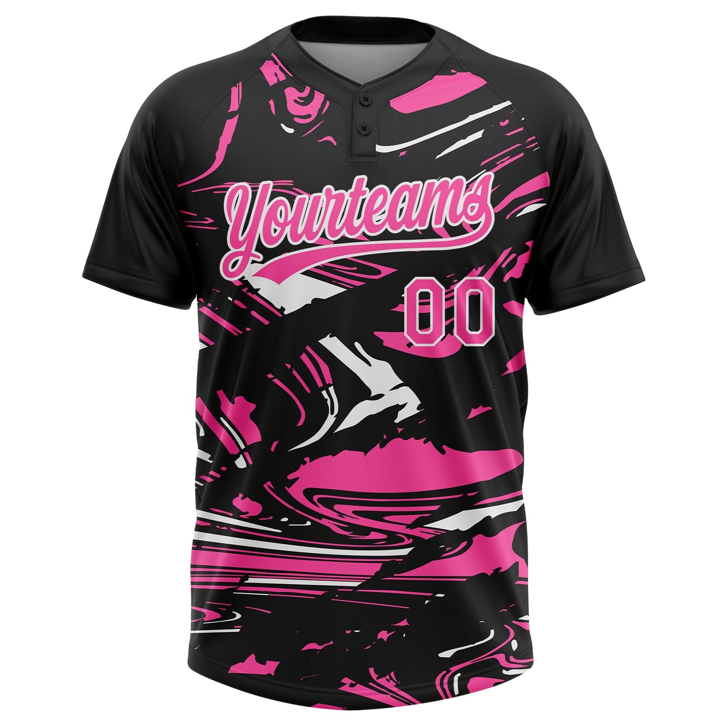 Custom Black Pink-White Raglan Sleeves Abstract Fluid Marble Two-Button Unisex Softball Jersey