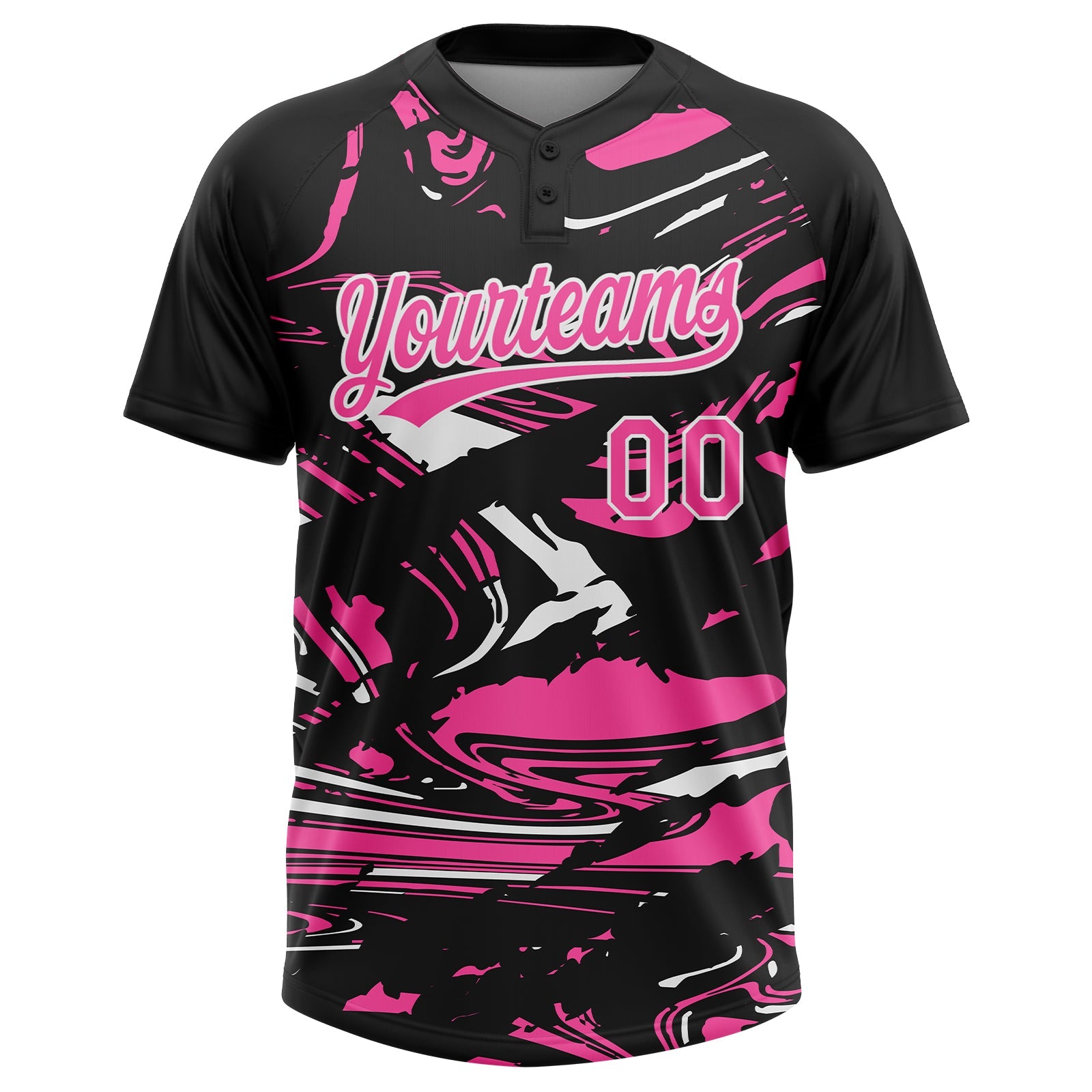 Custom Black Pink-White Raglan Sleeves Abstract Fluid Marble Two-Button Unisex Softball Jersey