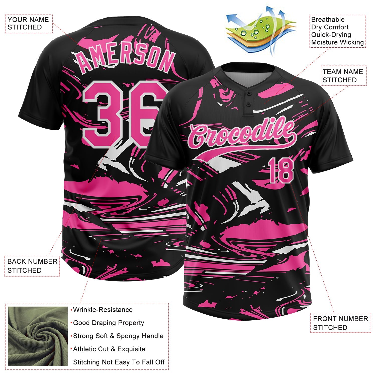 Custom Black Pink-White Raglan Sleeves Abstract Fluid Marble Two-Button Unisex Softball Jersey