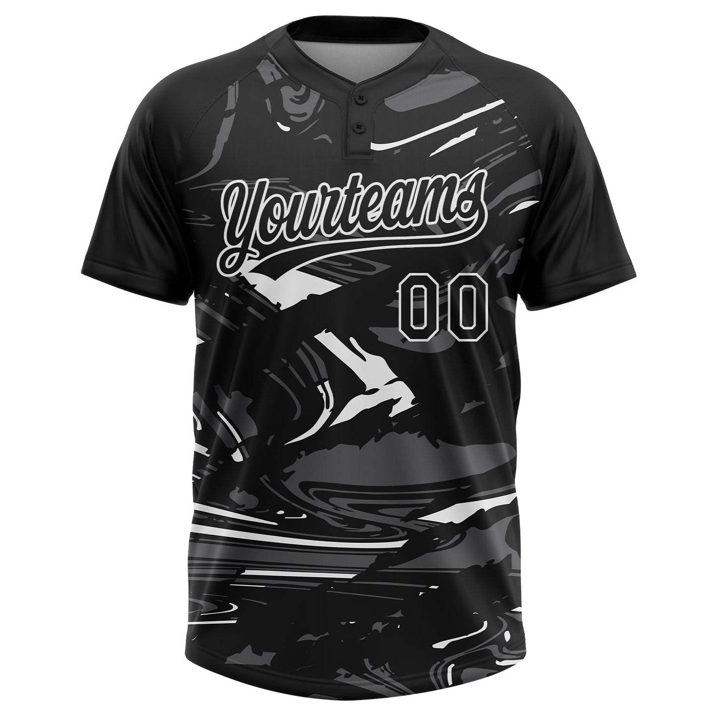 Custom Black Steel Gray-White Raglan Sleeves Abstract Fluid Marble Two-Button Unisex Softball Jersey