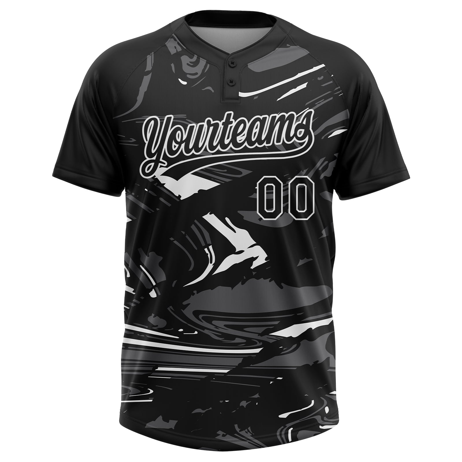Custom Black Steel Gray-White Raglan Sleeves Abstract Fluid Marble Two-Button Unisex Softball Jersey