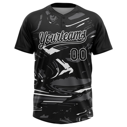 Custom Black Steel Gray-White Raglan Sleeves Abstract Fluid Marble Two-Button Unisex Softball Jersey