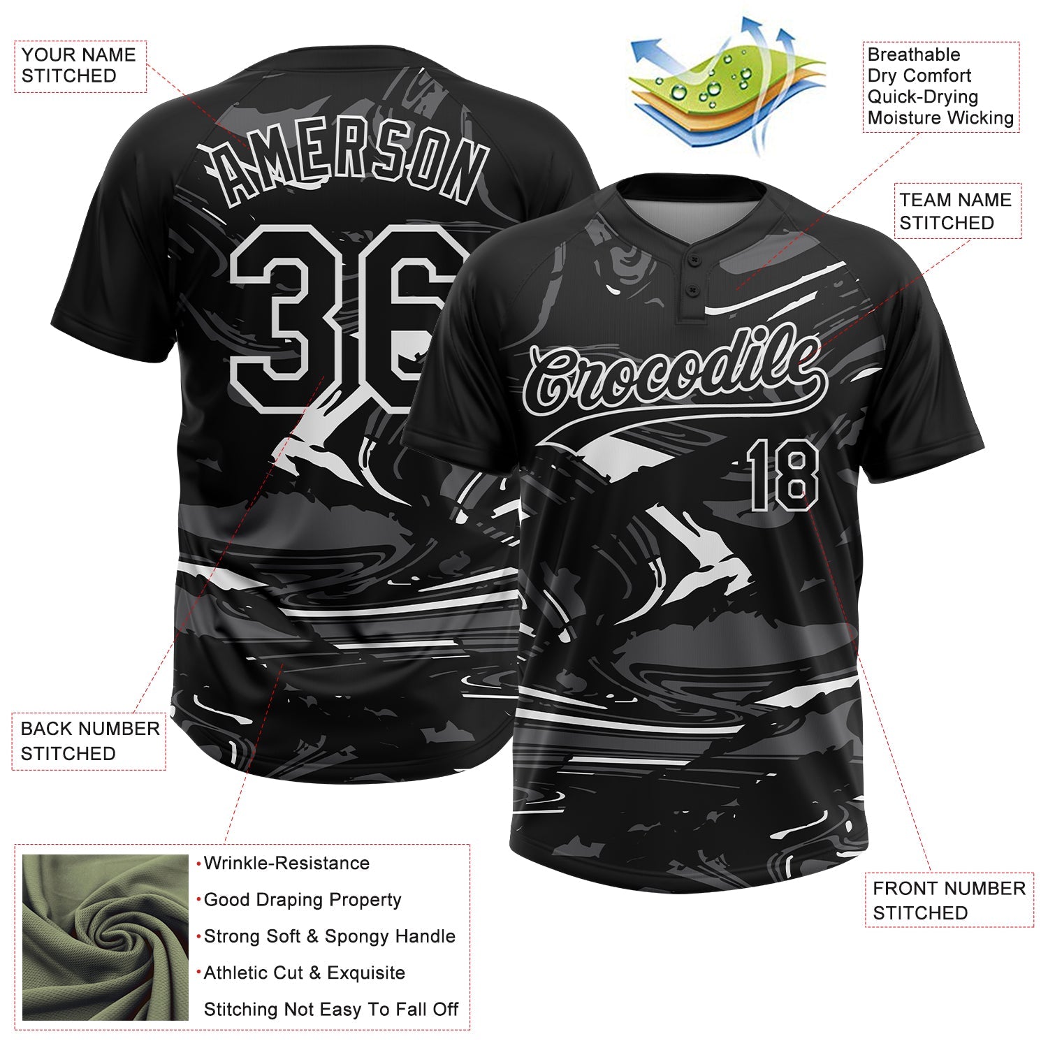 Custom Black Steel Gray-White Raglan Sleeves Abstract Fluid Marble Two-Button Unisex Softball Jersey