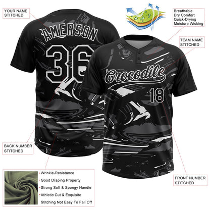 Custom Black Steel Gray-White Raglan Sleeves Abstract Fluid Marble Two-Button Unisex Softball Jersey