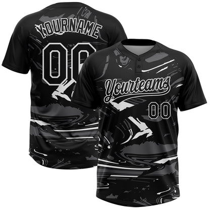 Custom Black Steel Gray-White Raglan Sleeves Abstract Fluid Marble Two-Button Unisex Softball Jersey