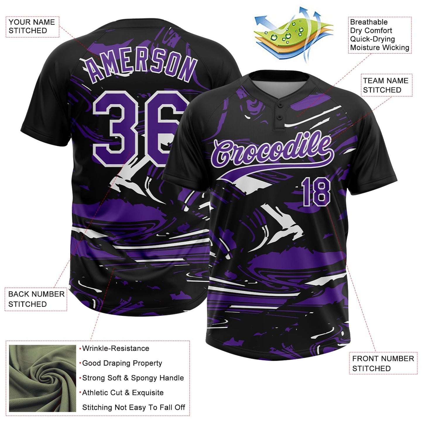 Custom Black Purple-White Raglan Sleeves Abstract Fluid Marble Two-Button Unisex Softball Jersey