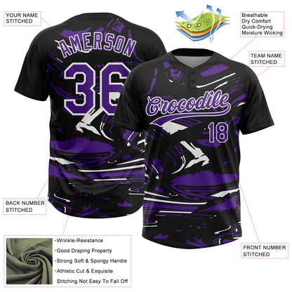Custom Black Purple-White Raglan Sleeves Abstract Fluid Marble Two-Button Unisex Softball Jersey