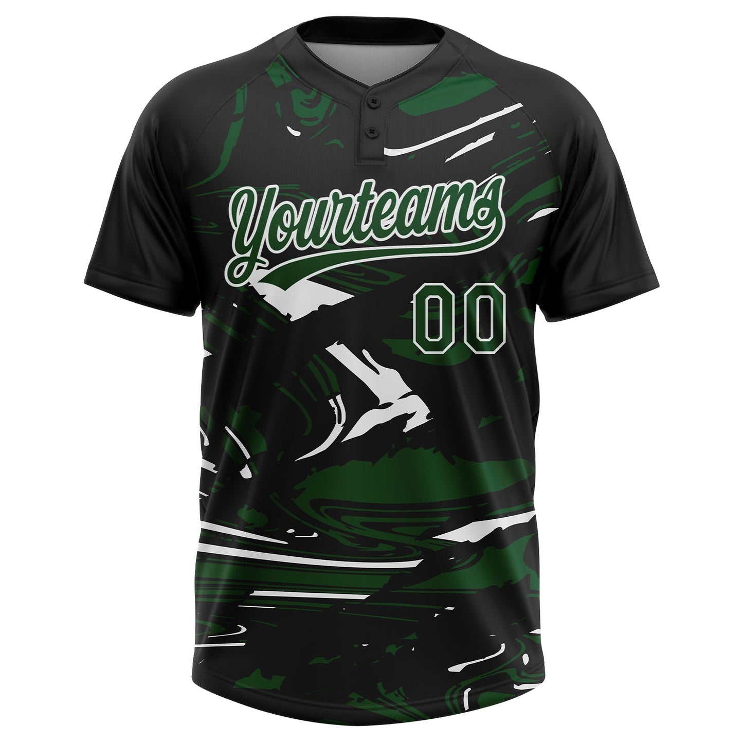 Custom Black Green-White Raglan Sleeves Abstract Fluid Marble Two-Button Unisex Softball Jersey