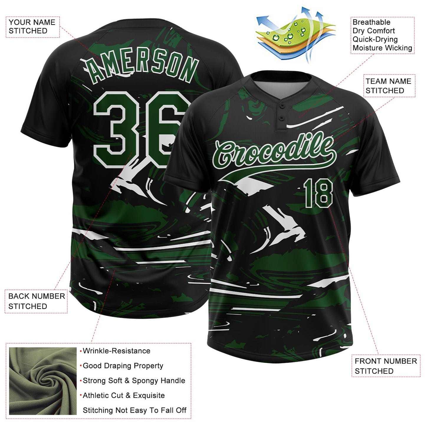 Custom Black Green-White Raglan Sleeves Abstract Fluid Marble Two-Button Unisex Softball Jersey