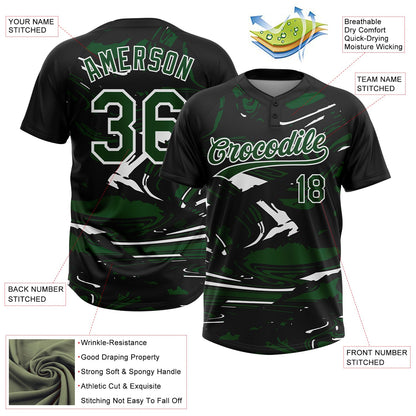Custom Black Green-White Raglan Sleeves Abstract Fluid Marble Two-Button Unisex Softball Jersey