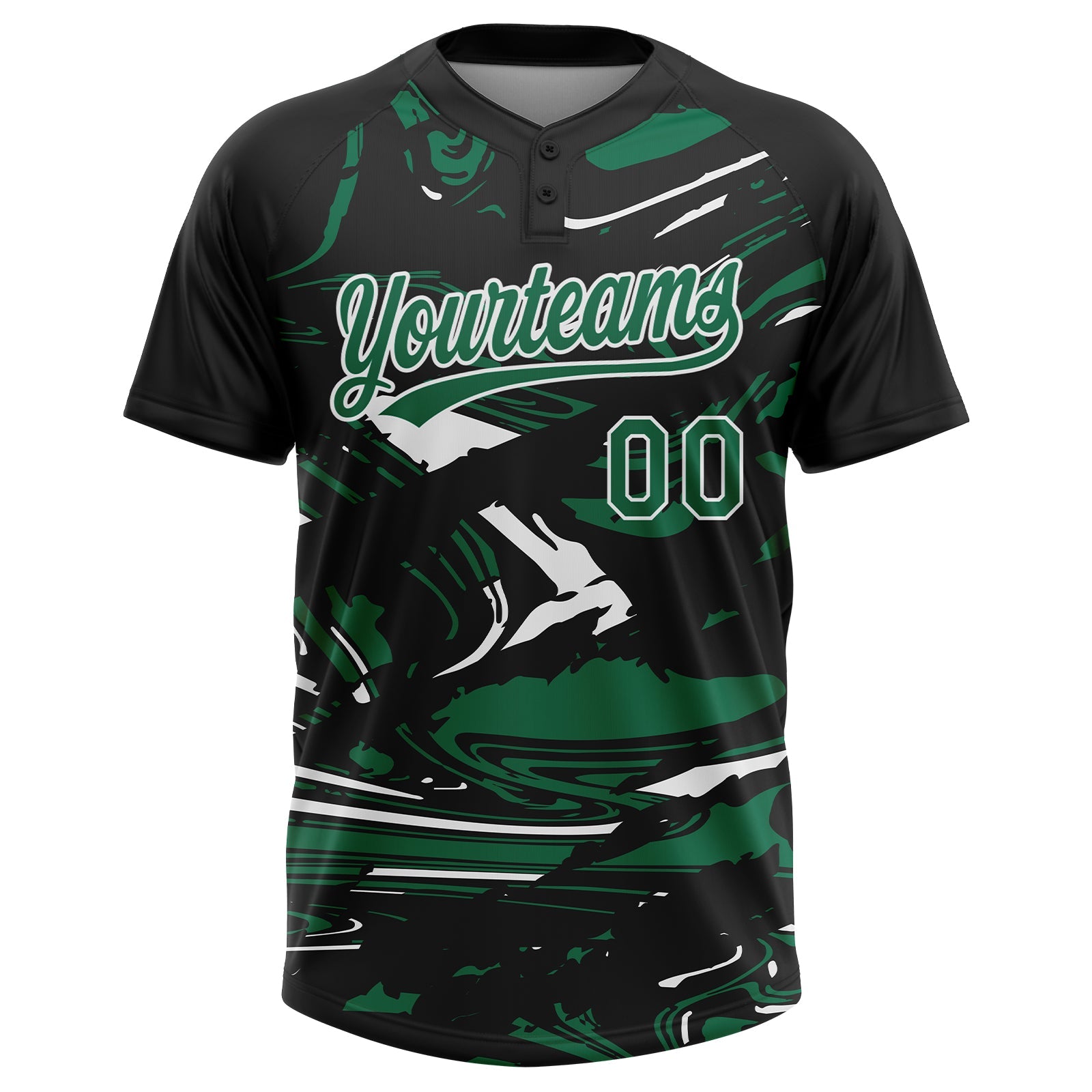 Custom Black Kelly Green-White Raglan Sleeves Abstract Fluid Marble Two-Button Unisex Softball Jersey