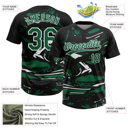 Custom Black Kelly Green-White Raglan Sleeves Abstract Fluid Marble Two-Button Unisex Softball Jersey