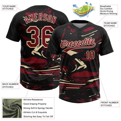 Custom Black Crimson Cream-Cream Raglan Sleeves Abstract Fluid Marble Two-Button Unisex Softball Jersey