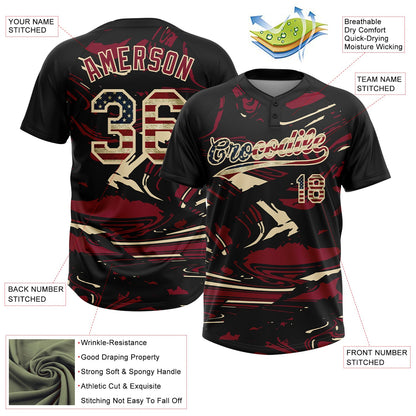 Custom Black Vintage USA Flag Crimson Cream-Cream Raglan Sleeves Abstract Fluid Marble Two-Button Unisex Softball Jersey