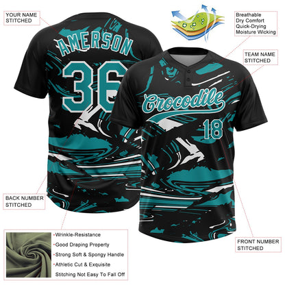 Custom Black Teal-White Raglan Sleeves Abstract Fluid Marble Two-Button Unisex Softball Jersey