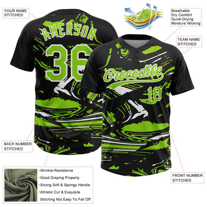 Custom Black Neon Green-White Raglan Sleeves Abstract Fluid Marble Two-Button Unisex Softball Jersey