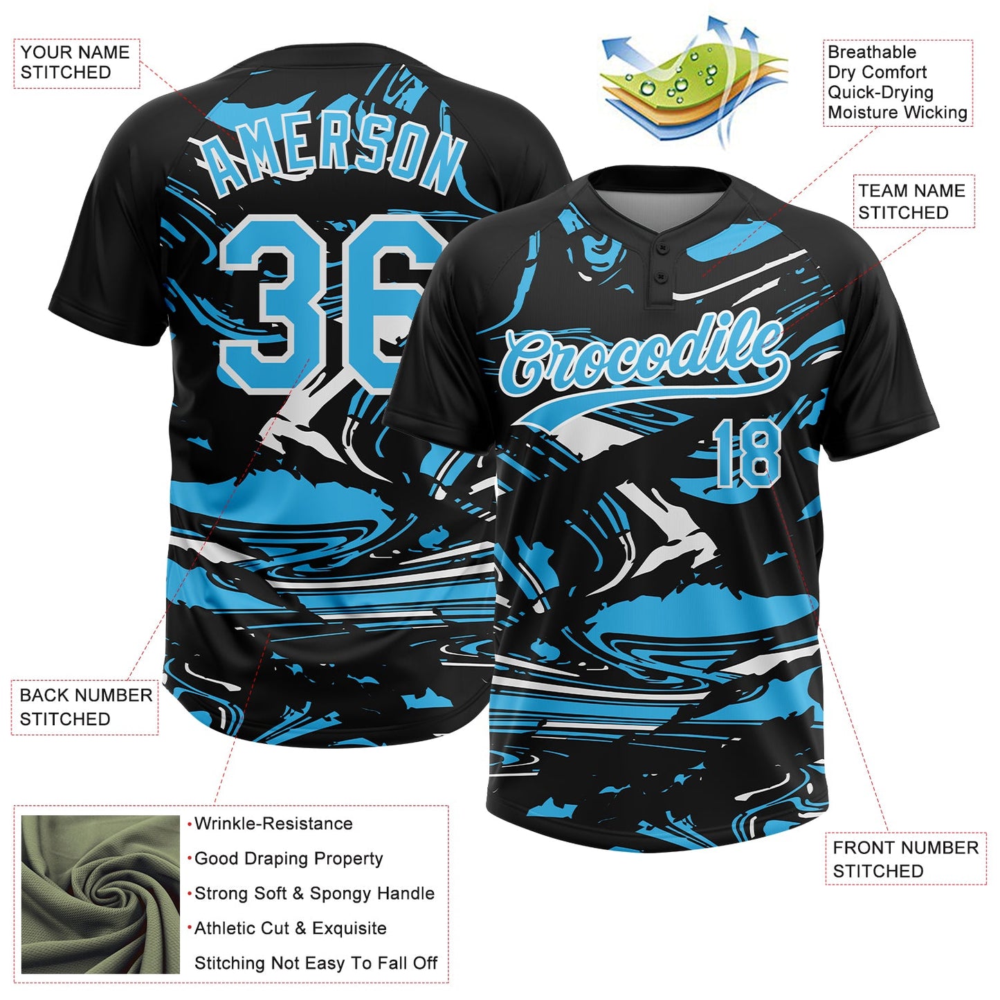 Custom Black Sky Blue-White Raglan Sleeves Abstract Fluid Marble Two-Button Unisex Softball Jersey