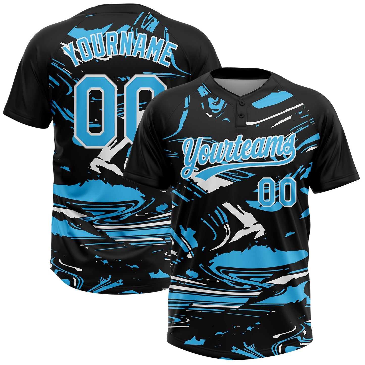 Custom Black Sky Blue-White Raglan Sleeves Abstract Fluid Marble Two-Button Unisex Softball Jersey
