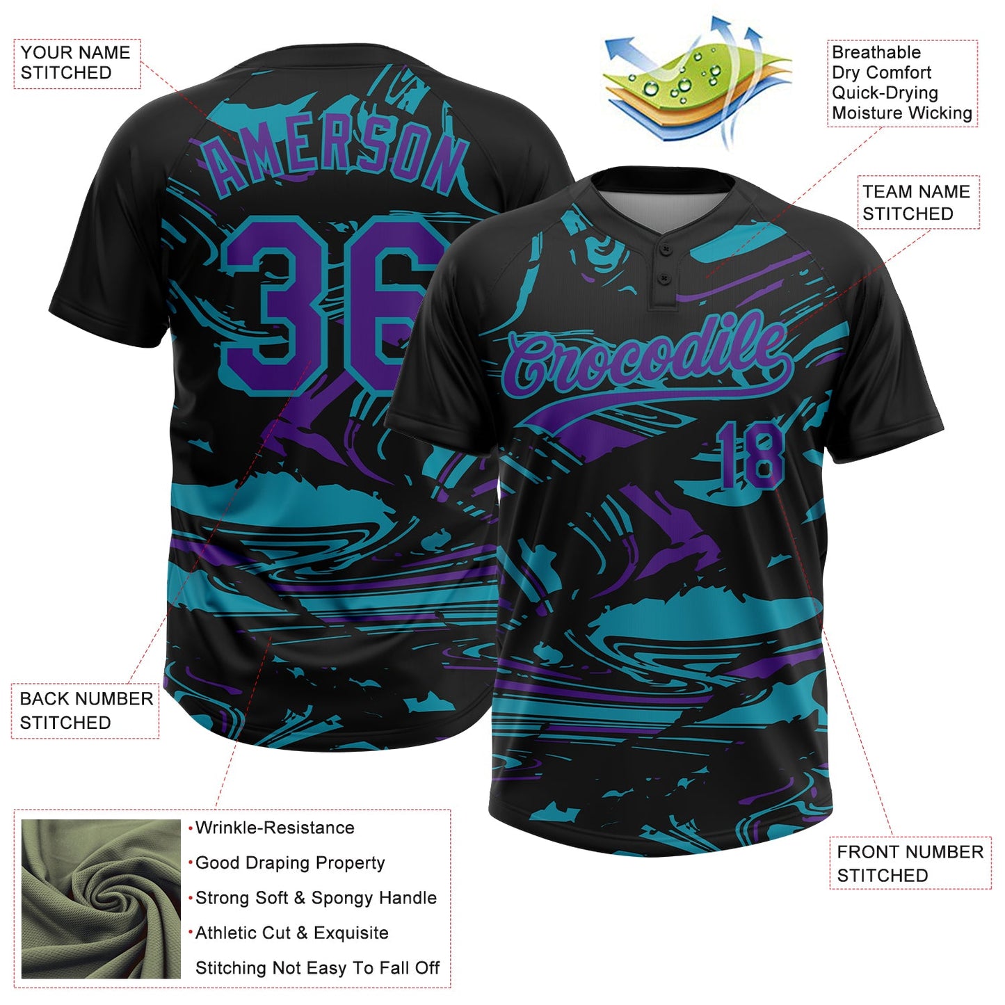 Custom Black Purple-Teal Raglan Sleeves Abstract Fluid Marble Two-Button Unisex Softball Jersey