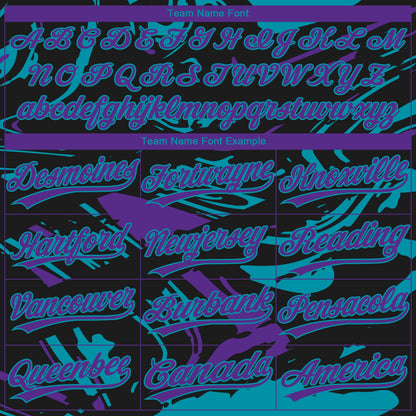 Custom Black Purple-Teal Raglan Sleeves Abstract Fluid Marble Two-Button Unisex Softball Jersey