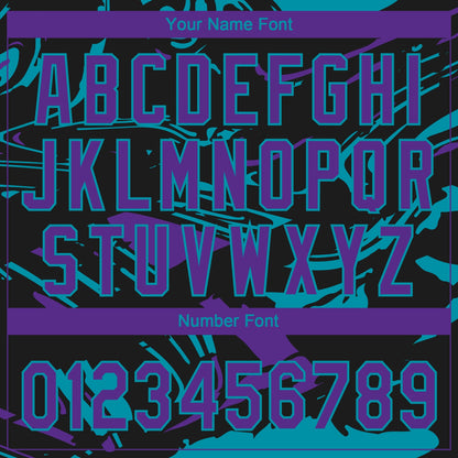 Custom Black Purple-Teal Raglan Sleeves Abstract Fluid Marble Two-Button Unisex Softball Jersey