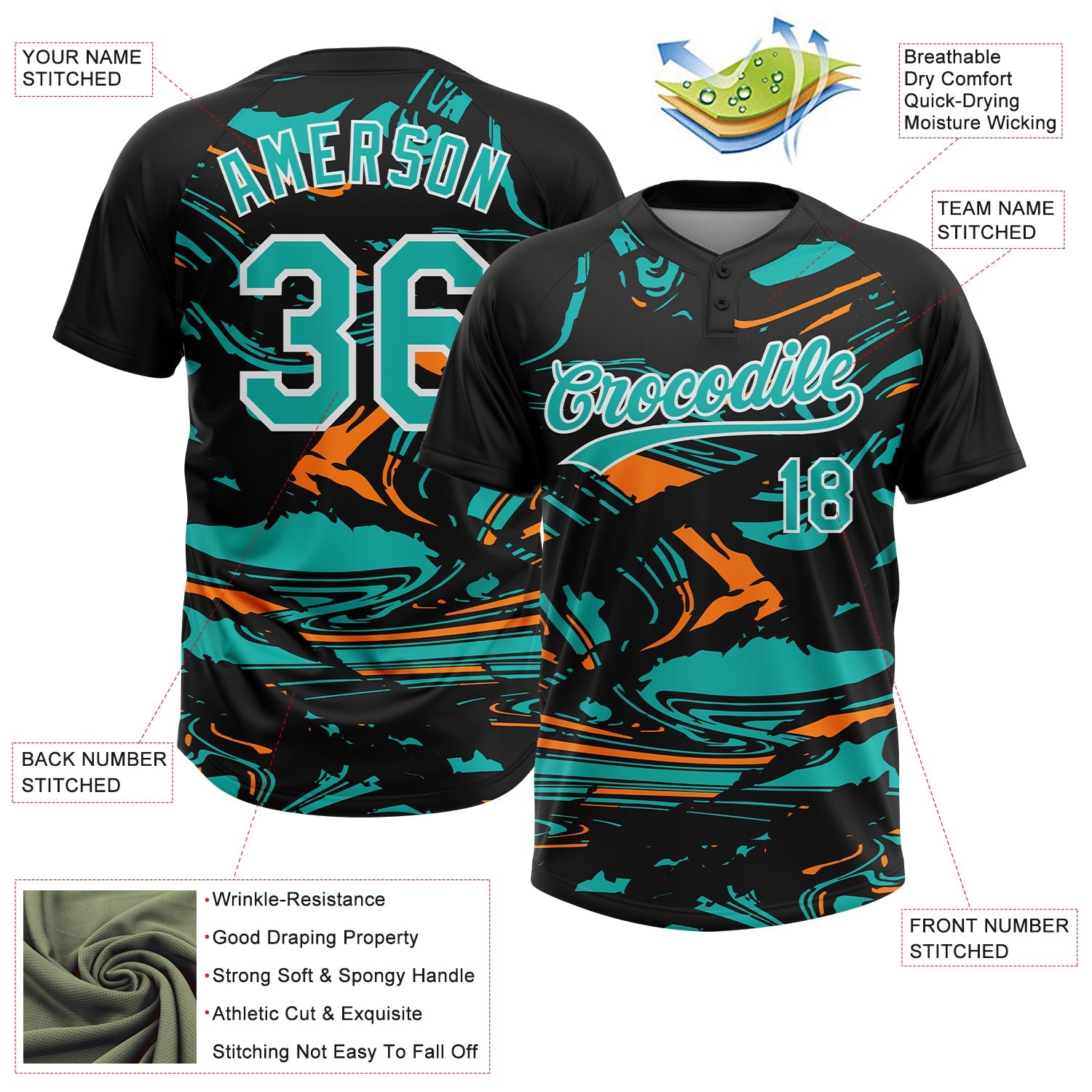 Custom Black Aqua Bay Orange-White Raglan Sleeves Abstract Fluid Marble Two-Button Unisex Softball Jersey