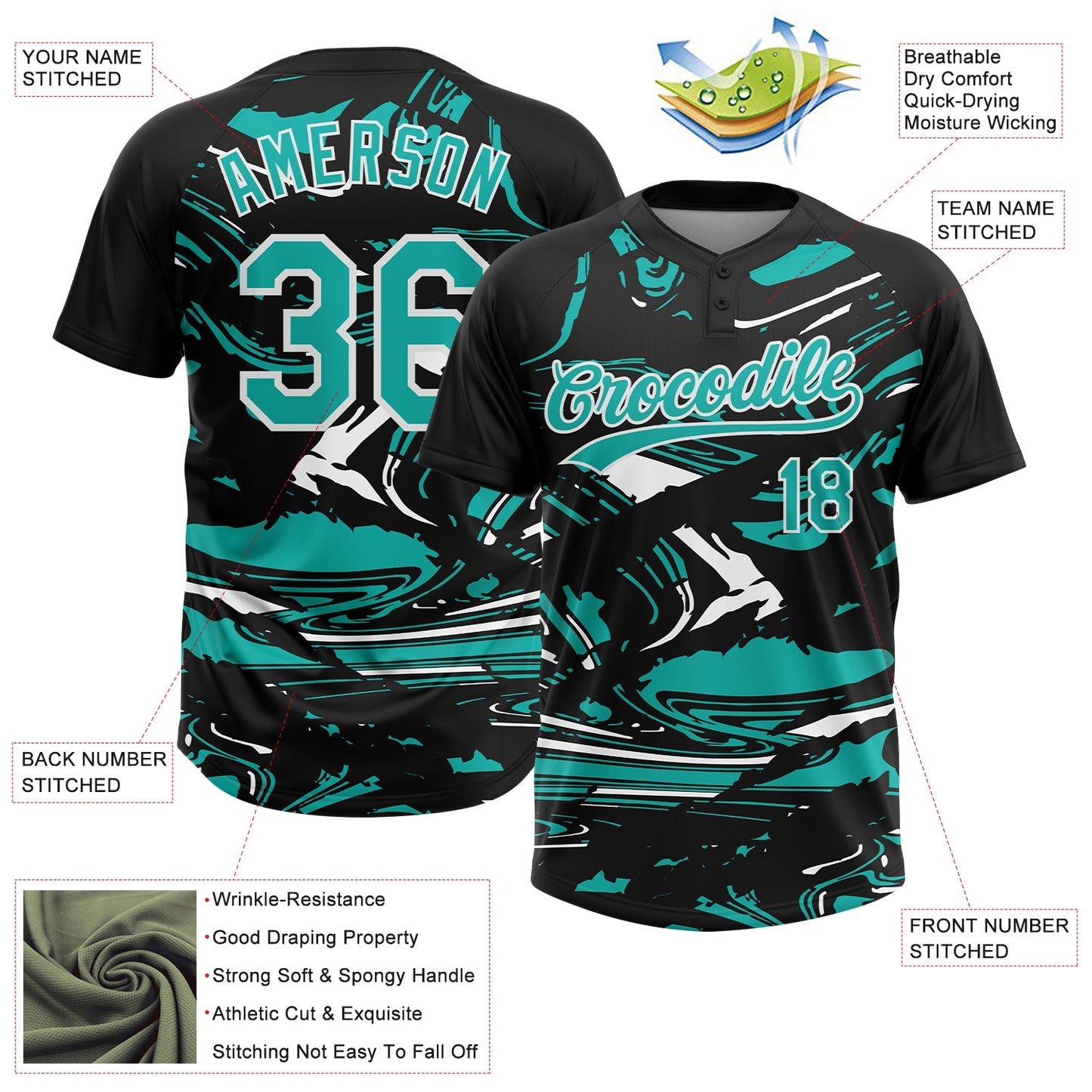 Custom Black Aqua-White Raglan Sleeves Abstract Fluid Marble Two-Button Unisex Softball Jersey