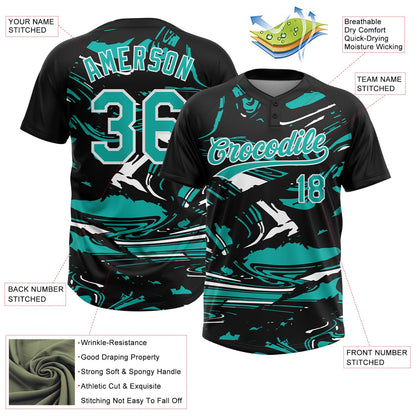Custom Black Aqua-White Raglan Sleeves Abstract Fluid Marble Two-Button Unisex Softball Jersey