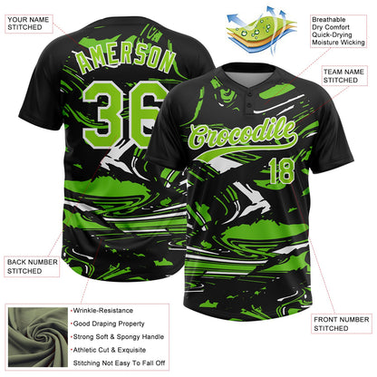 Custom Black Aurora Green-White Raglan Sleeves Abstract Fluid Marble Two-Button Unisex Softball Jersey
